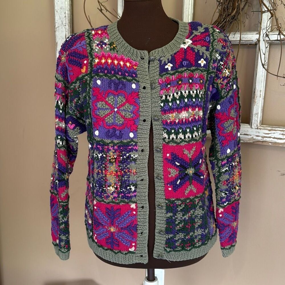 Vintage chunky knit cardigan sweater womens size colorblock 90’s y2k petite medi